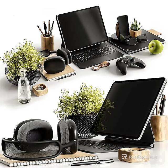 Modern Workspace Setup With Laptop Tablet Headphones Green Plants And Game Controller 3d model