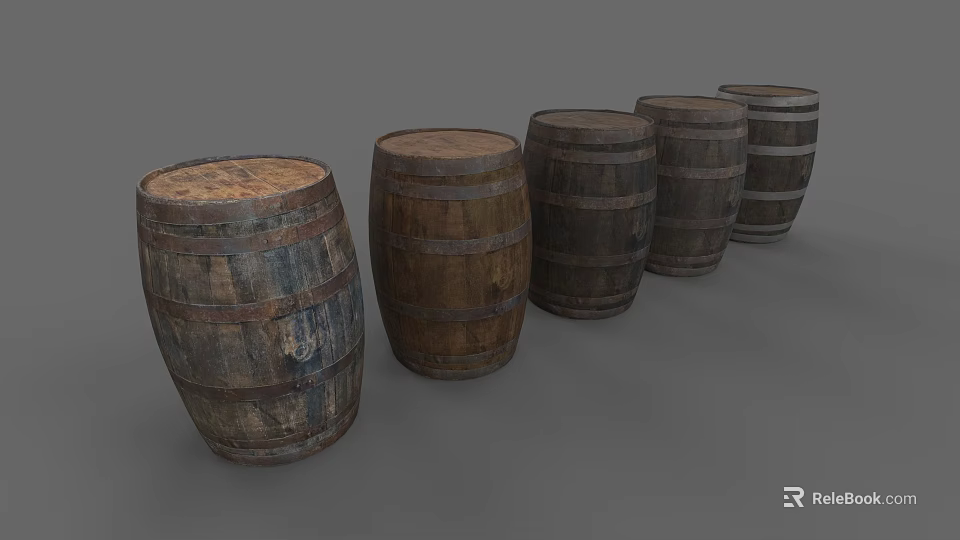 Hand Carved Wooden Barrels Sculpture With Vintage Design And Row Arrangement 3d model 