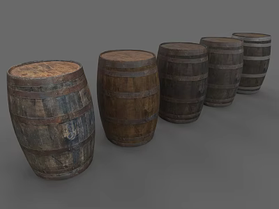Hand Carved Wooden Barrels Sculpture With Vintage Design And Row Arrangement 3d model