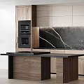 Modern Kitchen Interior With Wooden Cabinets Marble Backsplash And Island Countertop