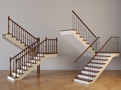 Modern Staircase Interior Design With Wooden Railings White Steps And Wooden Floor 3d model