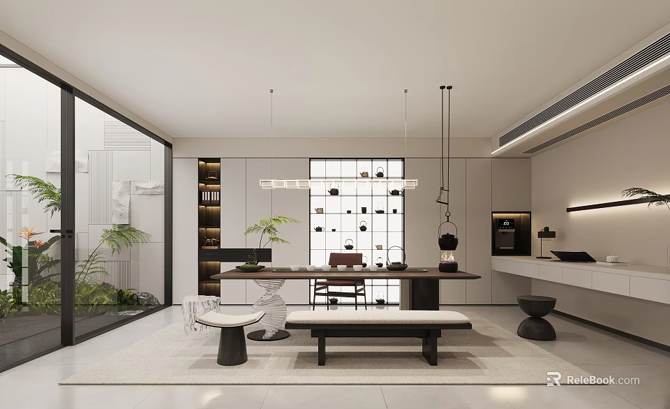 Modern Tea Room Interior With Minimalist Design Furniture And Greenery 3d model 