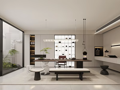 Modern Tea Room Interior With Minimalist Design Furniture And Greenery 3d model