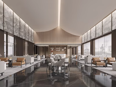 Modern Spacious Lounge Area Interior With Comfortable Seating Large Windows And Natural Light 3d model