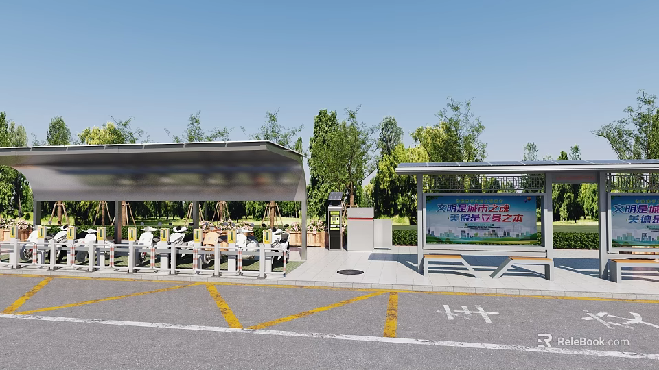 Modern Public Bus Stop Facility With Waiting Shelter Seats Billboard Trees And Yellow Marked Parking Spaces 3d model 