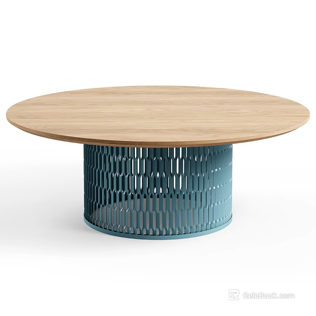 Modern Wooden Single Chair With Blue Metal Base And Round Seat Design 3d model 
