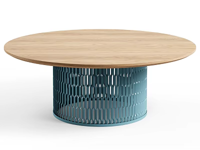 Modern Wooden Single Chair With Blue Metal Base And Round Seat Design 3d model
