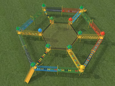 Colorful Hexagonal Playground Equipment With Multiple Slides And Climbing Structures On Grass Lawn 3d model