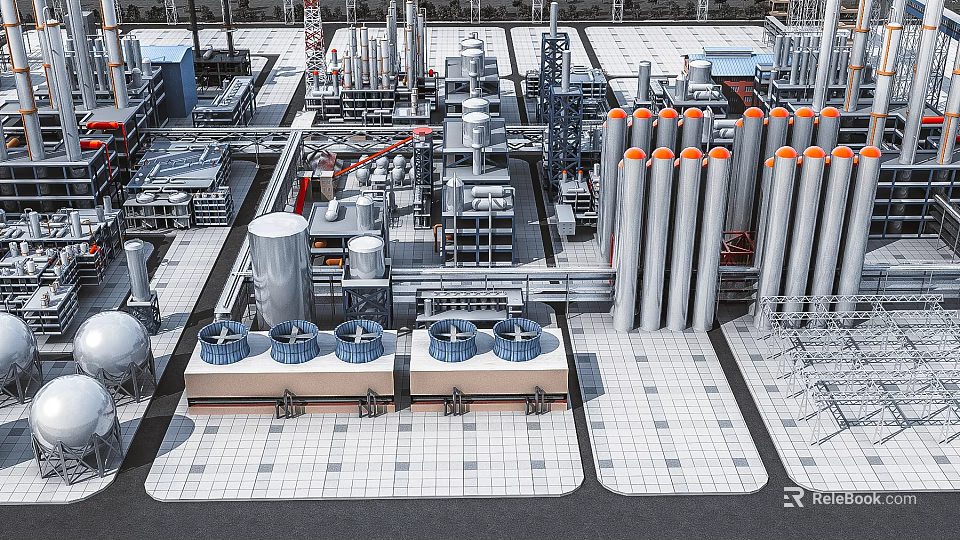 Large Industrial Plant With Metal Pipes Cooling Towers And Heavy Equipment 3d model 