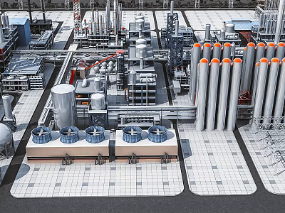 Large Industrial Plant With Metal Pipes Cooling Towers And Heavy Equipment 3d model