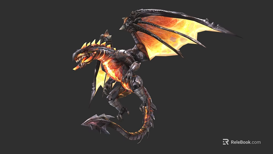 Game and Movie Character Mechanical Dragon With Flaming Wings Sharp Claws And Metallic Body 3d model 
