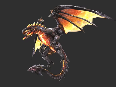 Game and Movie Character Mechanical Dragon With Flaming Wings Sharp Claws And Metallic Body 3d model