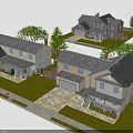 Single Family Residential Houses With Sloped Roofs Green Lawns And Trees