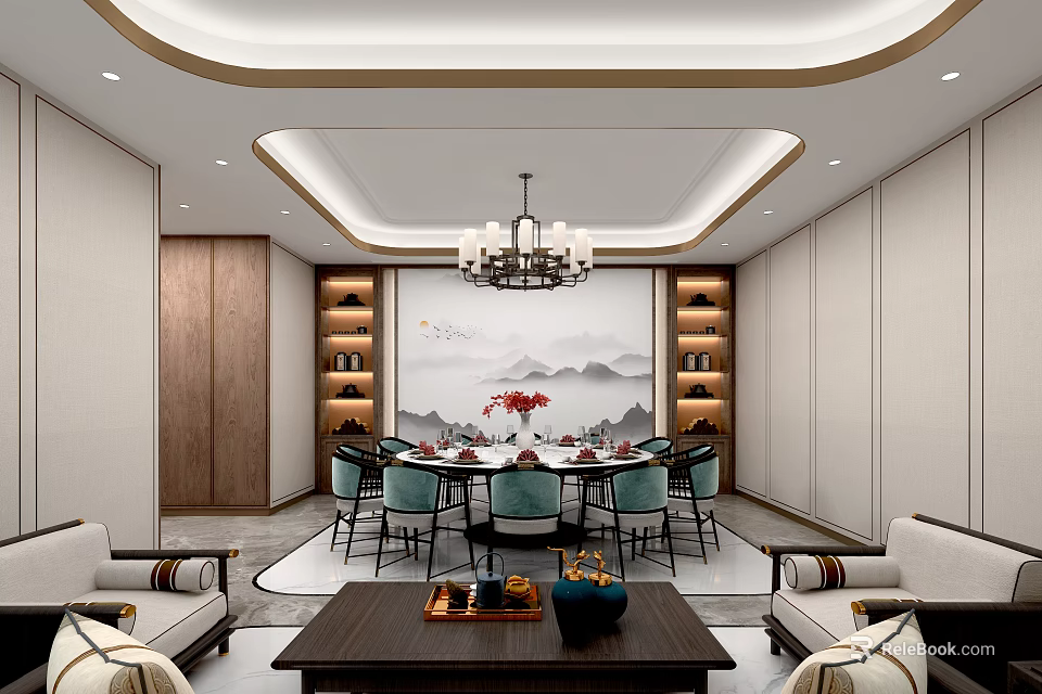 Traditional Chinese Private Dining Box Interior With Round Table Chandelier Landscape Painting And Bookshelves 3d model 