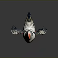 White and Gray Chicken With Orange Comb Outstretched Wings And Orange Feet On Gray Background