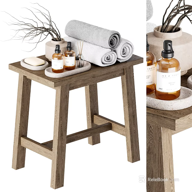 Bathroom Accessories on Wooden Stool with Rolled Towels Bath Products Soap Tray and Decorative Branches 3d model 