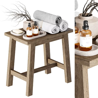 Bathroom Accessories on Wooden Stool with Rolled Towels Bath Products Soap Tray and Decorative Branches 3d model