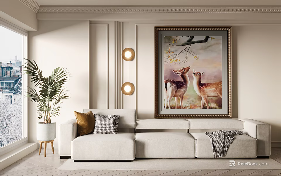 Modern Living Room Interior With White Sofa Deer Painting Wall Lamps And Green Plant 3d model 