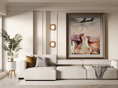 Modern Living Room Interior With White Sofa Deer Painting Wall Lamps And Green Plant 3d model