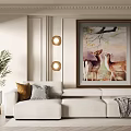 Modern Living Room Interior With White Sofa Deer Painting Wall Lamps And Green Plant