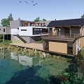 Modern Waterfront Vacation Rental House with Grassland Trees Open Terrace and Multiple Structures