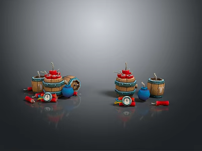 Vintage Weapon Display With Wooden Barrels Red Bomb Like Objects Blue Pots And Gauges 3d model