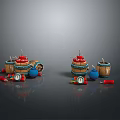 Vintage Weapon Display With Wooden Barrels Red Bomb Like Objects Blue Pots And Gauges