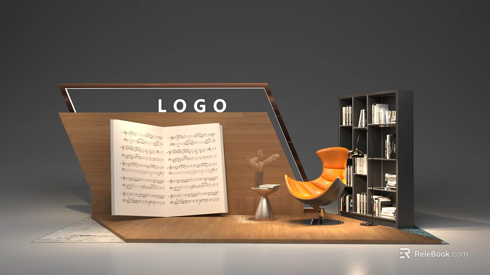 Stylish Photo Spot with Open Music Sheet Orange Chair Bookshelf and Small Table 3d model 