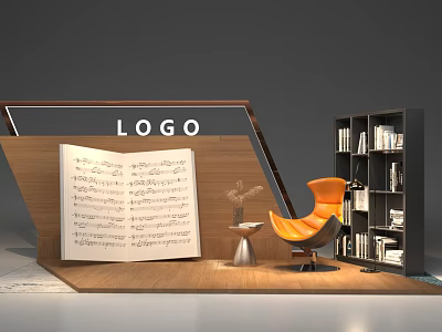 Stylish Photo Spot with Open Music Sheet Orange Chair Bookshelf and Small Table 3d model