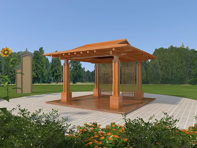 Wooden Pavilion With Sloped Roof Surrounded By Green Plants Sunflower And Blue Sky 3d model