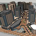Modern Commercial Street with High Rise Buildings Storefronts Plaza and Outdoor Seating