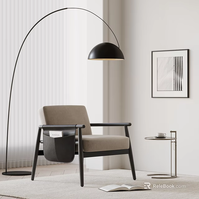 Modern Beige Leisure Chair With Black Armrests Floor Lamp Side Table And Wall Art In Minimalist Space 3d model 