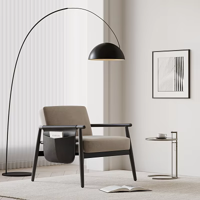 Modern Beige Leisure Chair With Black Armrests Floor Lamp Side Table And Wall Art In Minimalist Space 3d model