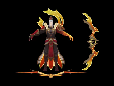Mythical Character And Phoenix Creature In Gold Red Flame Glowing Ornamental Attire 3d model