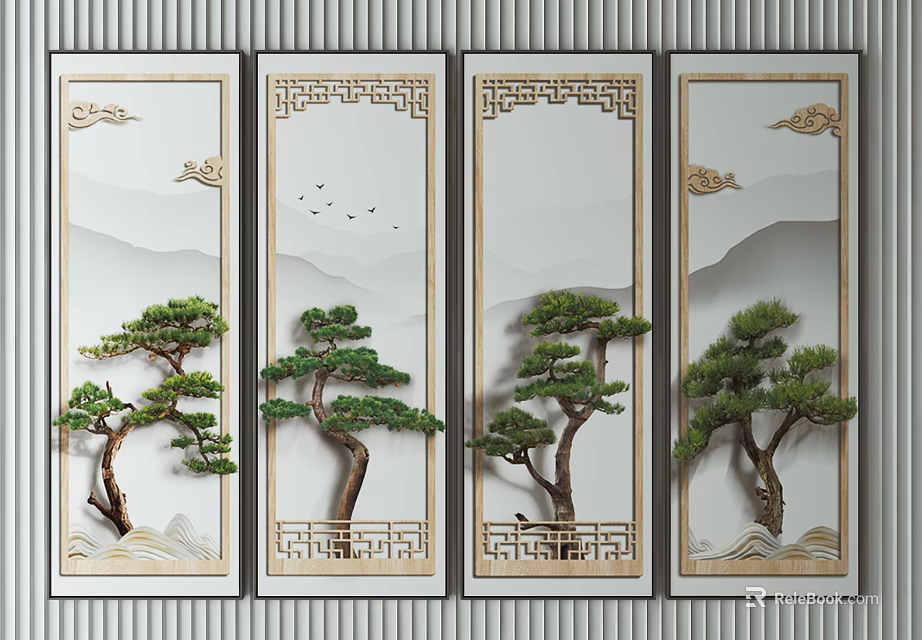 Chinese Style Decorative Paintings With Pine Trees Distant Mountains And Flying Birds 3d model
