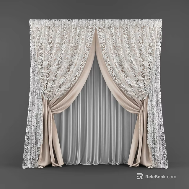 Elegant Beige And White Lace Curtains With Pleated Design For Window Decoration 3d model 