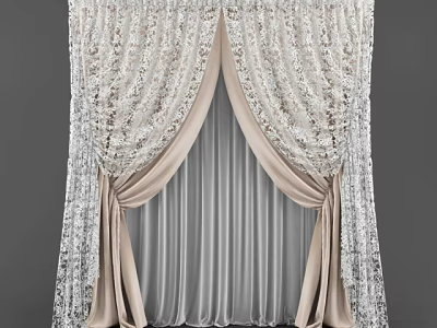 Elegant Beige And White Lace Curtains With Pleated Design For Window Decoration 3d model
