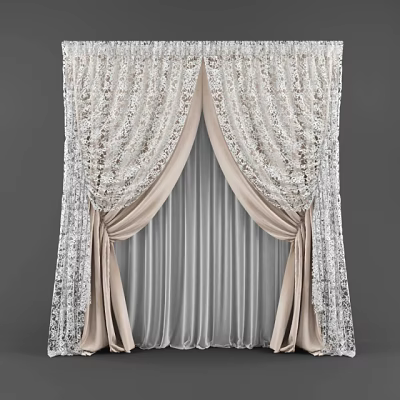 Elegant Beige And White Lace Curtains With Pleated Design For Window Decoration 3d model