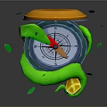 Open Compass With Green Spiral Object And Yellow Star Shaped Fragments