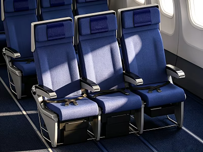 Modern Blue Airplane Seats With Window View Comfortable Fabric And Armrests 3d model