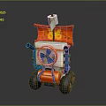 Cartoon Style Playful Toy Cart With White Body Orange Flag Blue Pipes And Wheels