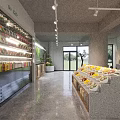 Modern Restaurant Interior With Food Shelves Fresh Produce Fruit Display Concrete Ceiling And Large Windows
