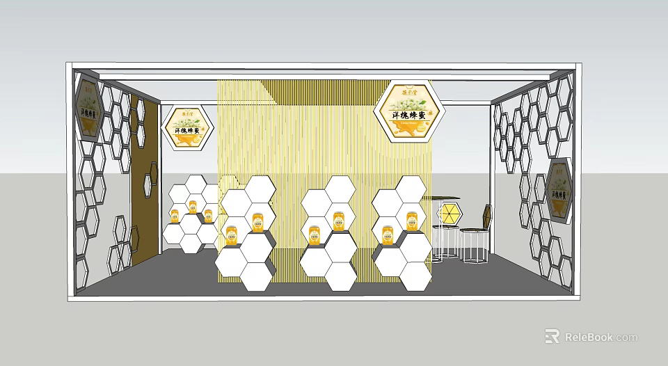Honey Themed Display Space Featuring Hexagonal Decor Wooden Background And Yellow Elements 3d model 