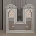 Classic White Decorative Cabinets with Gold Accents Symmetric Design Clock Details and Center Flower Vase