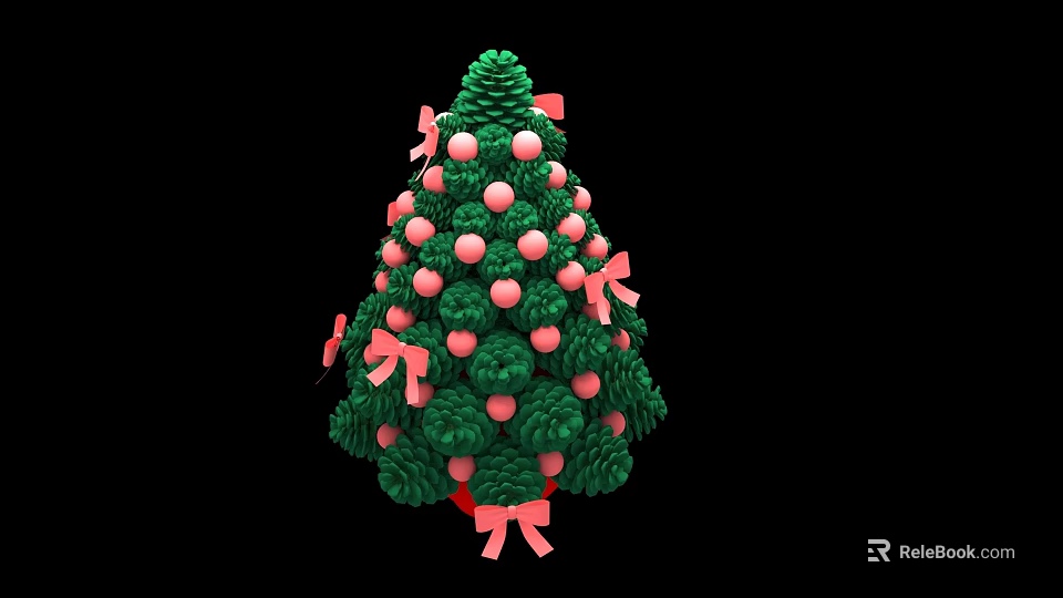 Christmas Decorative Ornament Set With Green Pine Tree Pink Balls And Pink Bows 3d model 