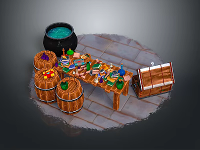 Wooden Table On Stone Floor With Cauldron Barrels Chest Bottles Jars And Tools 3d model