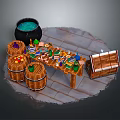 Wooden Table On Stone Floor With Cauldron Barrels Chest Bottles Jars And Tools