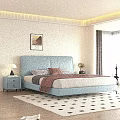Modern Bedroom Interior With Beige Upholstered Headboard Bedding Nightstands Lamp Wall Art And Geometric Rug