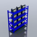 Blue White Red Display Shelving Units Holding Black Boxes With Yellow Labels