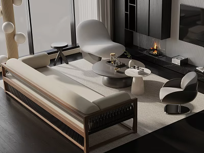 Modern Sofa Coffee Table Set With Accent Chairs Rug And Fireplace In Living Room 3d model